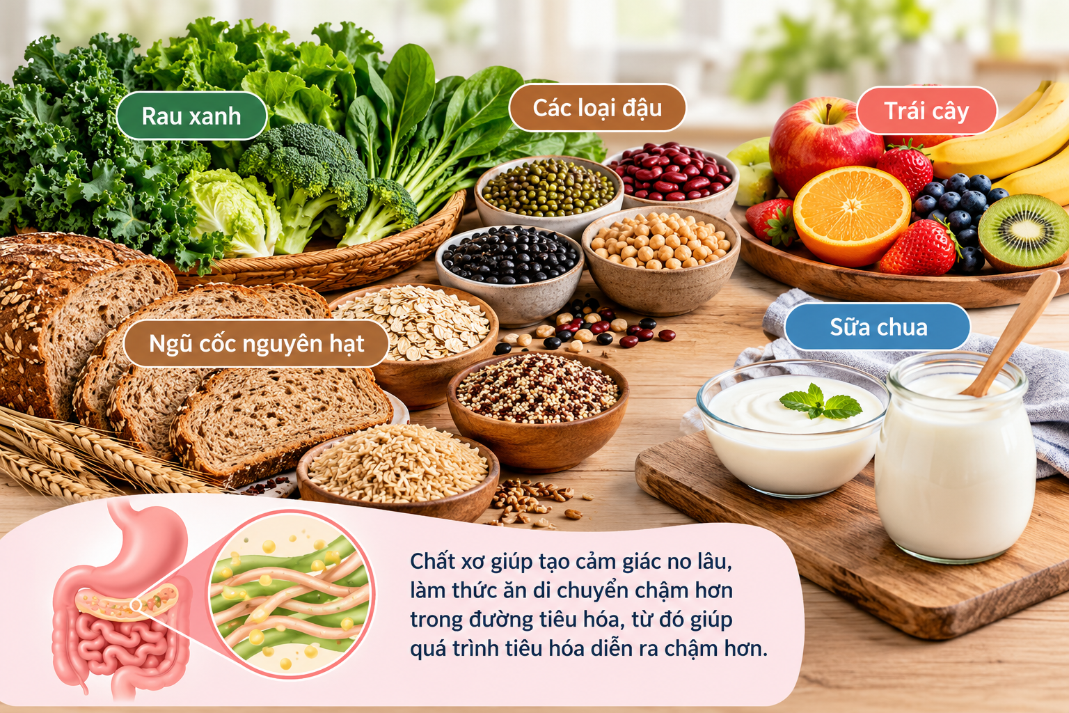 Các nguồn carbohydrate giàu chất xơ như rau xanh, các loại đậu, trái cây, ngũ cốc nguyên hạt và sữa chua giúp quá trình tiêu hóa diễn ra chậm hơn