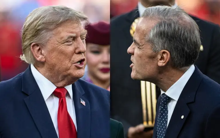 Tổng thống Mỹ Donald Trump (bên trái) và Thủ tướng Canada Mark Carney - Ảnh: REUTERS