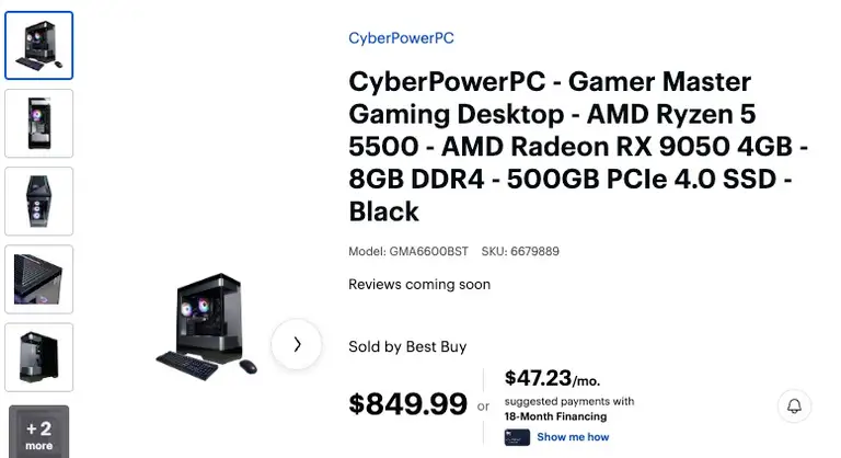 Một chiếc PC CyberPowerPC sử dụng Ryzen 5 5500, Radeon RX 9050 4 GB, 8 GB RAM DDR4 và SSD 500 GB đã được Best Buy niêm yết với giá 849,99 USD. Điều này cho thấy phiên bản 4 GB không chỉ tồn tại trên tài liệu kỹ thuật, mà đã được các hãng máy tính đưa vào sản phẩm thương mại. Ảnh eBay
