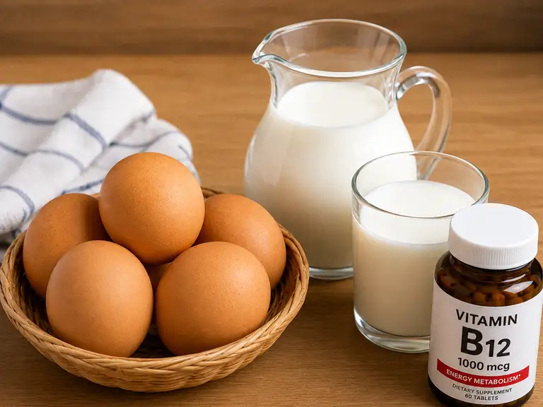 Người ăn chay có thể bổ sung vitamin B12 bằng cách ăn trứng, uống sữa hay dùng viên bổ sung