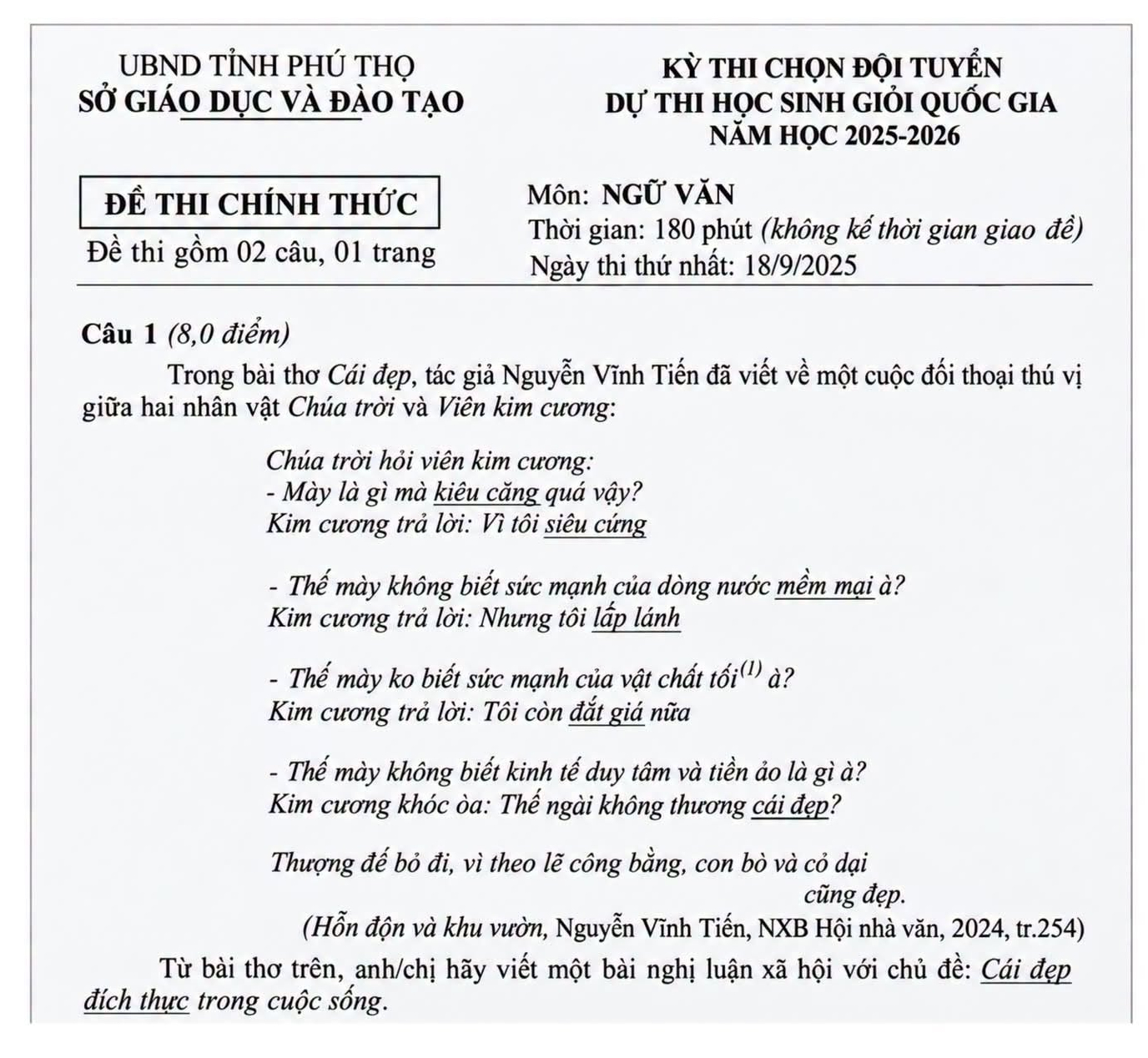 Đề thi chọn đội tuyển học sinh giỏi quốc gia môn ngữ văn của tỉnh Phú Thọ, năm học 2025-2026 - Ảnh: Facebook nhà thơ Nguyễn Vĩnh Tiến