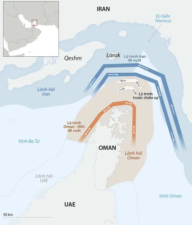 Các tuyến đường đi qua eo biển Hormuz. Đồ họa: CNN