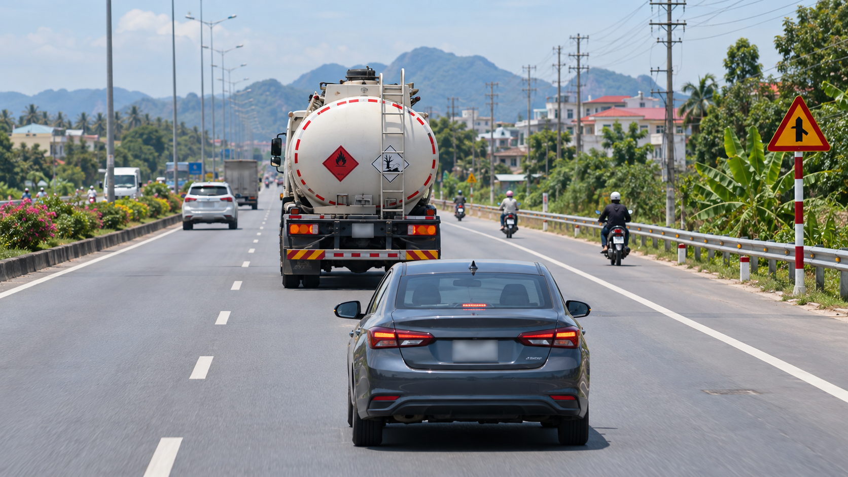 Khi chạy phía sau xe chở hàng nguy hiểm, ô tô con nên giữ khoảng cách an toàn, tránh bám sát hoặc vội vàng vượt khi chưa đủ điều kiện quan sát