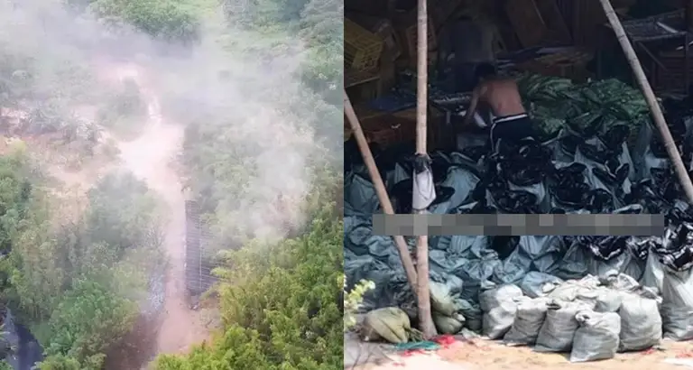 Khói bốc lên trong quá trình xông măng (trái) và các bao măng được đóng vào túi hai lớp, trước khi mang đi tiêu thụ. Ảnh: Douyin Yu Lie Qi Ge