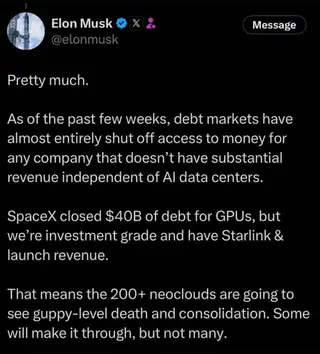 Bài đăng của ông Musk cảnh báo khả năng huy động vốn của các công ty đám mây phục vụ AI.