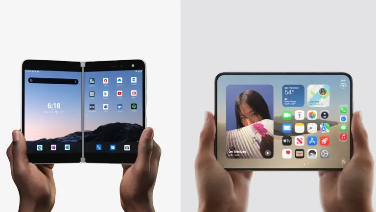 Surface Duo năm 2020 và iPhone Duo năm 2026 khi mở ra: hai cách hiện thực hóa ý tưởng về thiết bị gập.