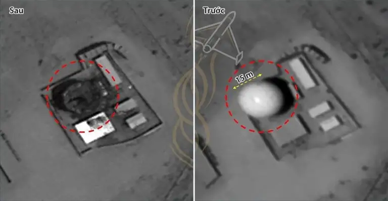 Vòm radar bị phá hủy tại căn cứ Ahmad Al Jaber ở Kuwait trong ảnh vệ tinh công bố hôm 22/7. Ảnh: Fars News