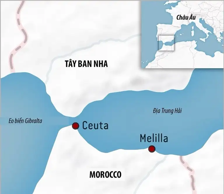 Vị trí các vùng lãnh thổ Ceuta, Melilla của Tây Ban Nha. Đồ họa: Open Society Foundation