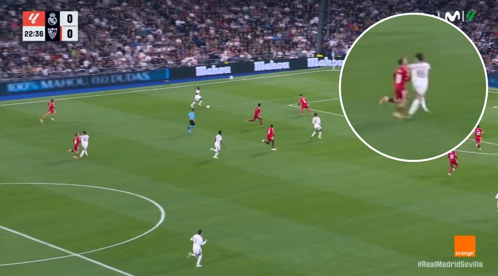 Một video chiếu lại về tình huống dẫn tới bàn mở tỷ số của Arda Guler trong trận Real Madrid – Sevilla trên sân Santiago Bernabeu, Madrid, Tây Ban Nha ngày 18/10/2026. Ảnh chụp màn hình