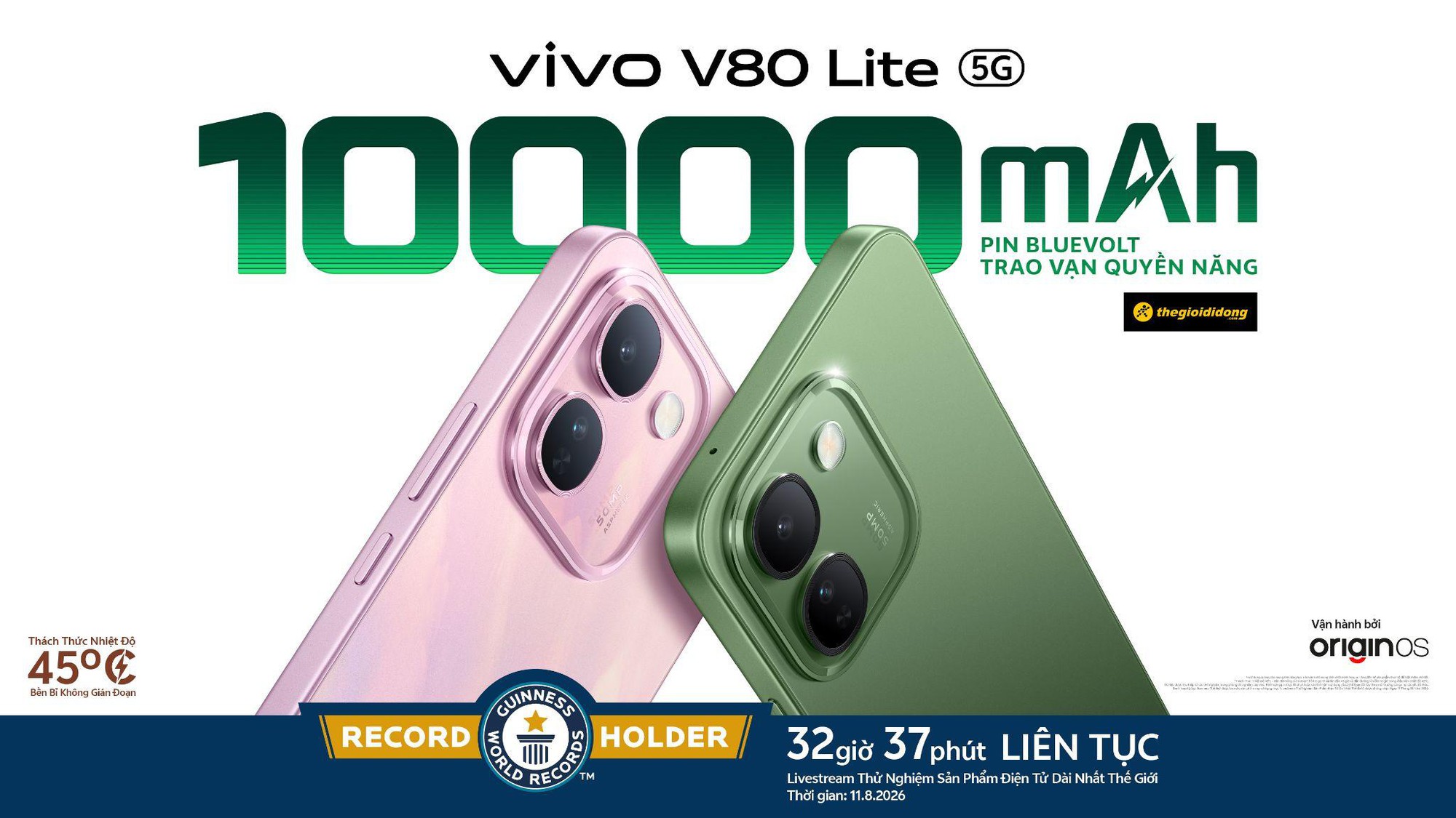 vivo V80 Lite 5G trang bị Pin BlueVolt 10.000mAh, sẵn sàng đồng hành cùng bạn trong cả ngày dài.