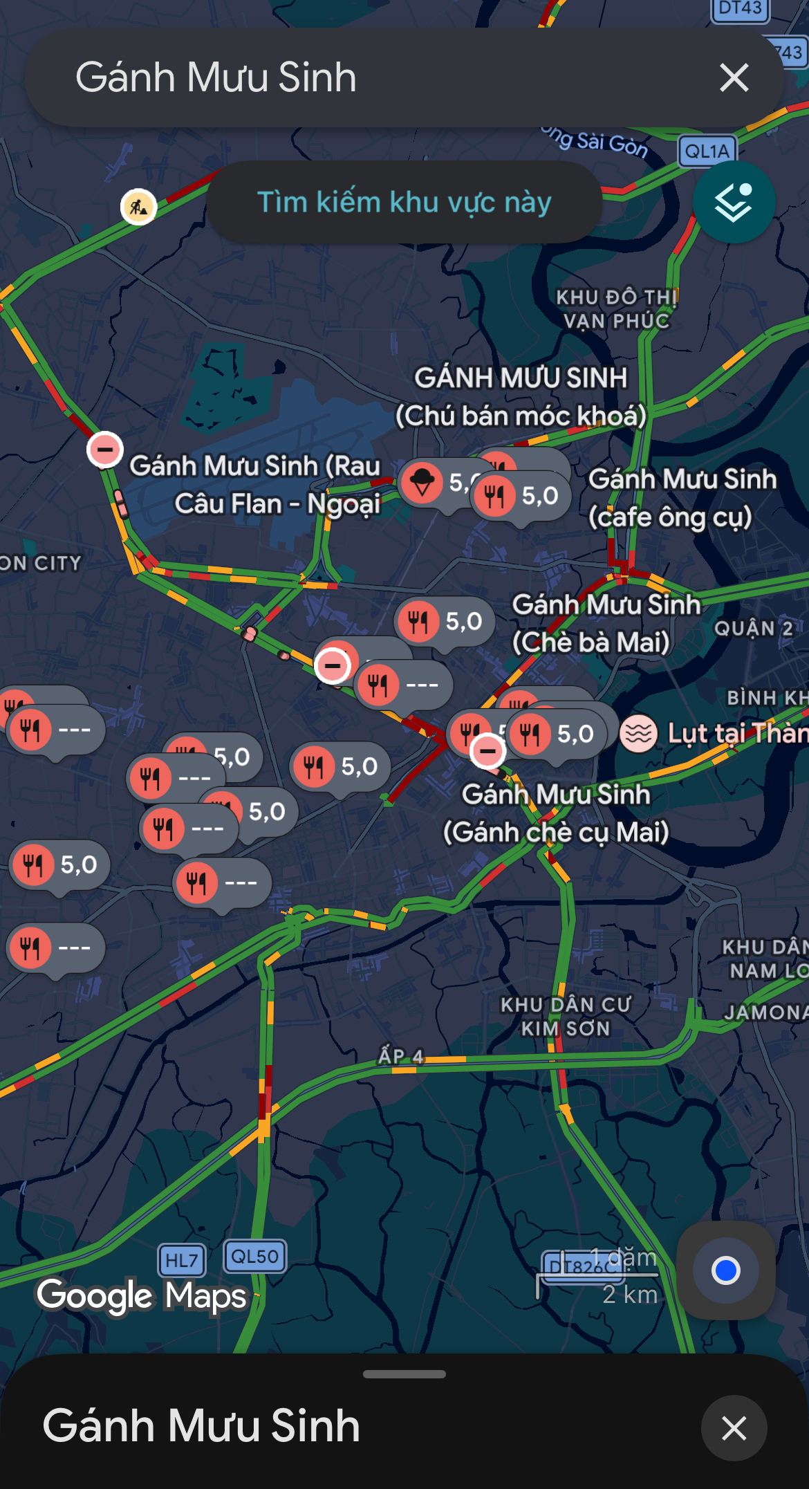 Kết quả khi search "Gánh Mưu Sinh" trên Google Maps