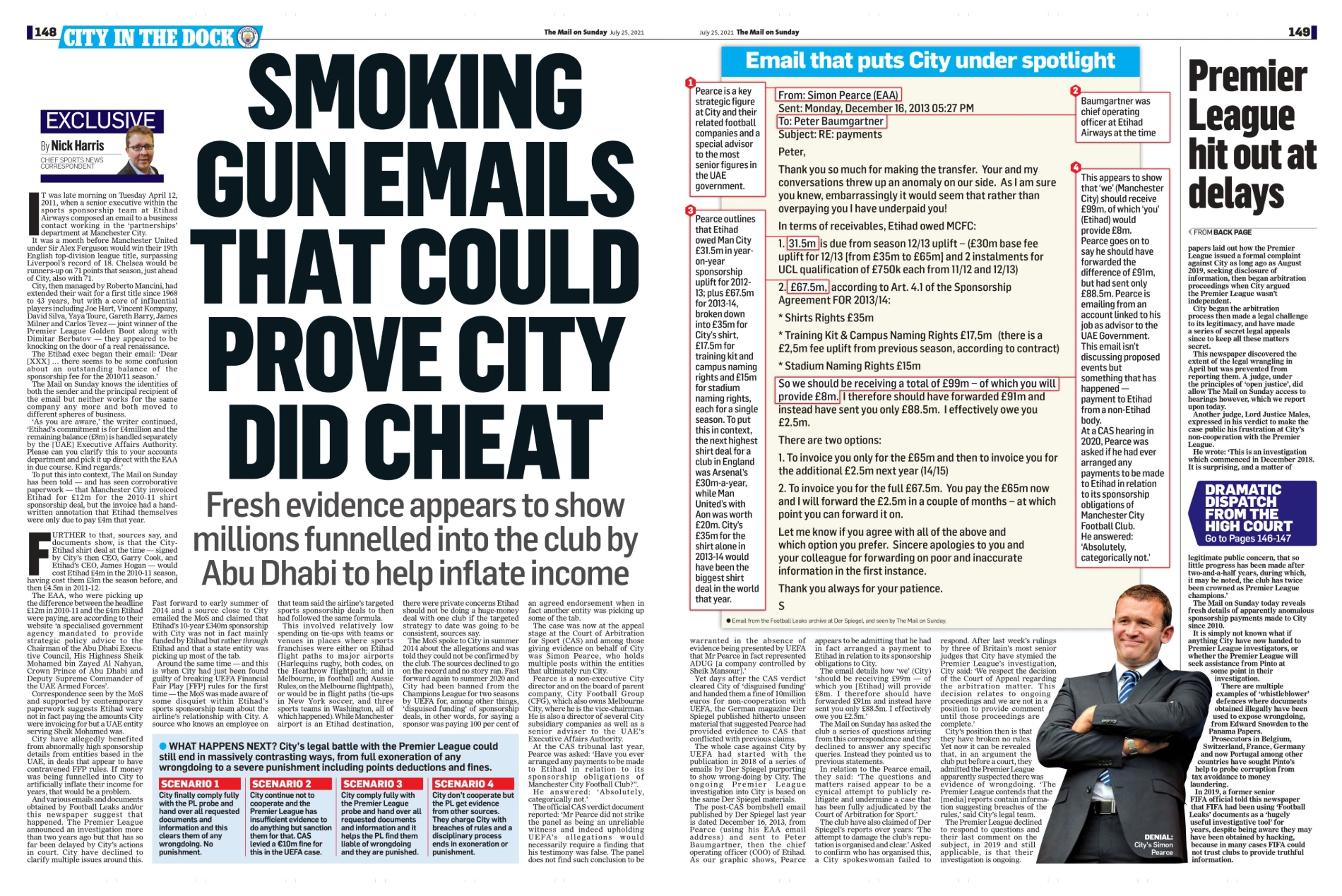 Bài viết của Nick Harris trên báo The Mail on Sunday ngày 25/7/2021. Các chi tiết trong những email "bằng chứng đanh thép" (smoking-gun) đăng trên The Mail on Sunday đã phanh phui sự bất nhất nghiêm trọng giữa số tiền mà các nhà tài trợ tuyên bố trả cho Man City và số tiền thực tế họ phải thanh toán. Ảnh: The Mail on Sunday