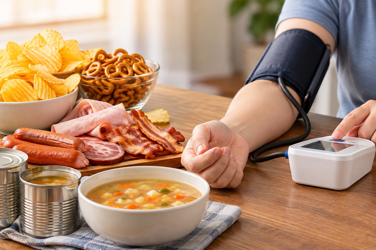 Việc thường xuyên ăn các thực phẩm chứa nhiều natri như thịt chế biến sẵn, súp đóng hộp và đồ ăn vặt mặn có thể góp phần làm tăng huyết áp