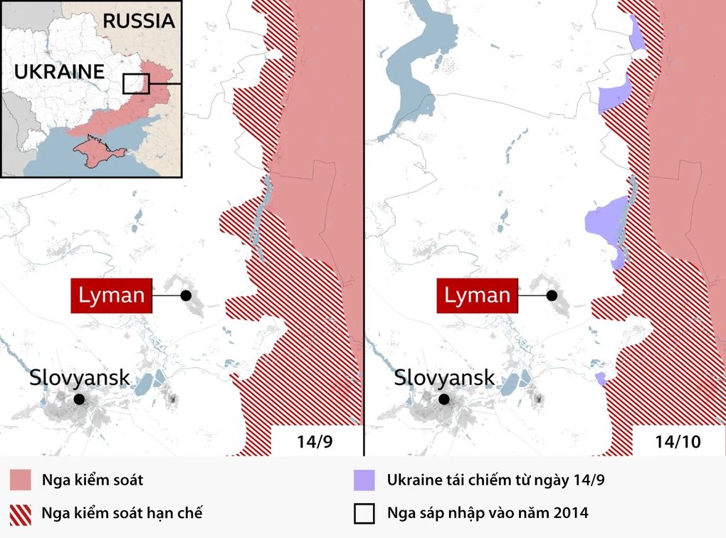 Lãnh thổ Ukraine tái kiểm soát từ ngày 14/9 đến 14/10. Đồ họa: BBC