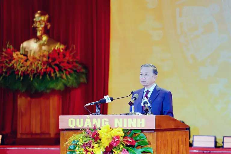 Tổng Bí thư Tô Lâm phát biểu tại Lễ công bố Nghị quyết của Quốc hội về thành lập thành phố Quảng Ninh. Ảnh: Thanh Tùng