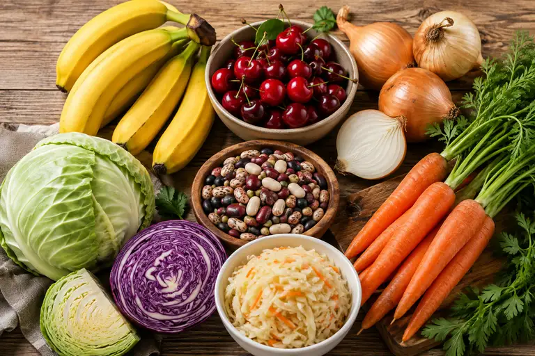 Chuối, anh đào, hành tây, đậu, cà rốt và bắp cải cung cấp nhiều dưỡng chất, góp phần hỗ trợ sức khỏe khi về già. Ảnh minh họa AI