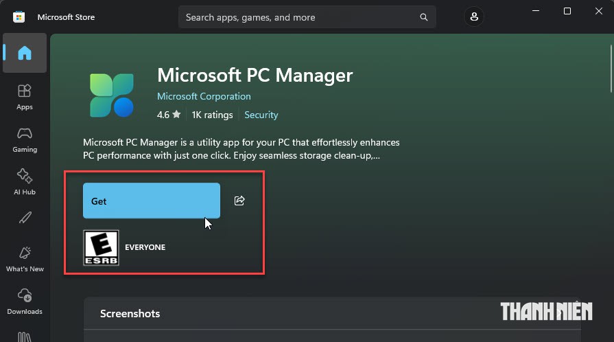 Cài đặt PC Manager từ cửa hàng ứng dụng của Microsoft