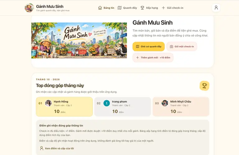 Giao diện website Gánh Mưu Sinh đơn giản, dễ thao tác - Ảnh chụp màn hình