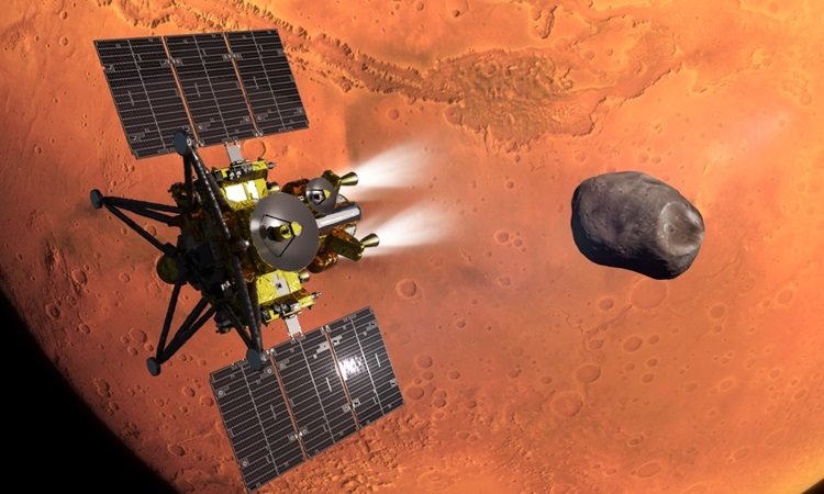 Mô phỏng tàu MMX tiến đến gần mặt trăng Phobos. Ảnh: JAXA