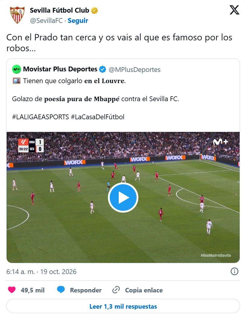 Bài đăng châm biếm cách Movistar+ nhắc đến bảo tàng Louvre từ Sevilla. Ảnh: X/Sevilla