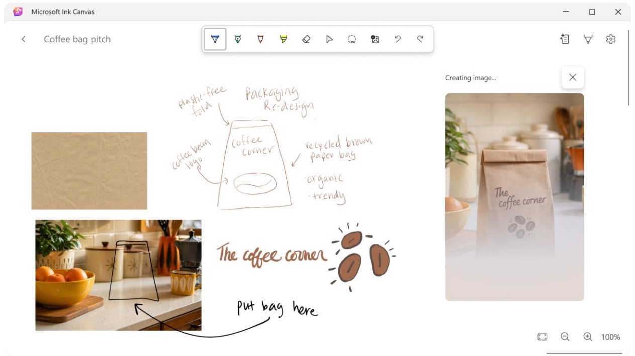 Microsoft cũng giới thiệu Ink Canvas, một ứng dụng ưu tiên thao tác bằng bút để phác thảo, ghi chú, tạo hình ảnh và tóm tắt văn bản trên cùng một vùng làm việc. Người dùng có thể vẽ hoặc viết trực tiếp lên màn hình, giúp AI có thêm ngữ cảnh trực quan để phát triển ý tưởng. Ink Canvas sẽ được cài sẵn trên Surface Pro 12 inch mới và phát hành cho các thiết bị Windows tương thích qua Microsoft Store từ ngày 13/10.