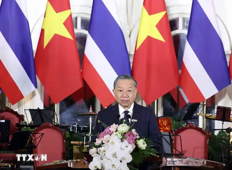Tổng Bí thư, Chủ tịch nước Tô Lâm phát biểu tại tiệc chiêu đãi Nhà vua và Hoàng hậu Thái Lan - Ảnh: TTXVN
