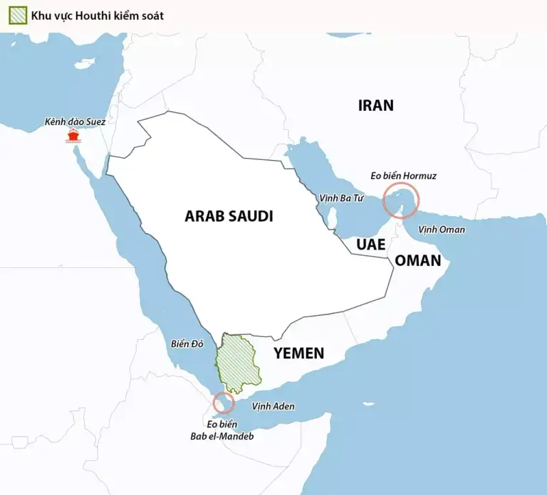 Khu vực lực lượng Houthi kiểm soát tại Yemen. Đồ họa: Open Street Map