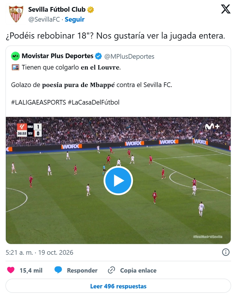 Bài đăng yêu cầu Movistar+ tua lại trước đó 18 giây trong bàn thắng 2-0 của Mbappe từ Sevilla. Ảnh: X/Sevilla