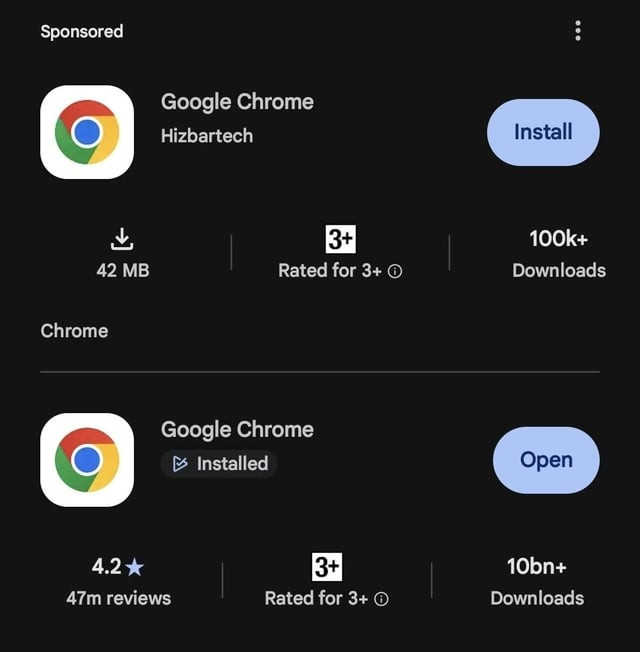 Ứng dụng Google Chrome giả mạo xuất hiện trên Google Play Store (Ảnh: Chụp màn hình Reddit)