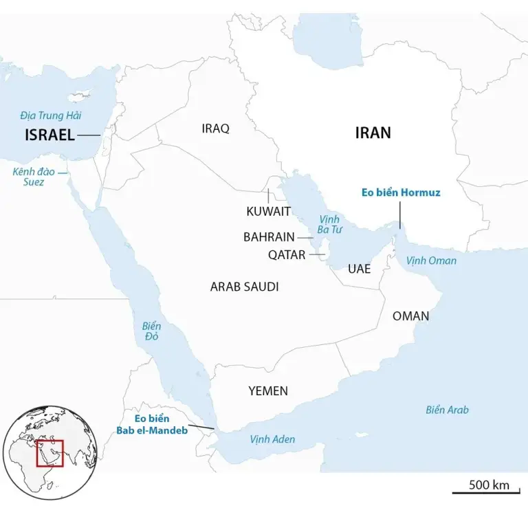 Vị trí eo biển Hormuz và Iran. Đồ họa: Guardian