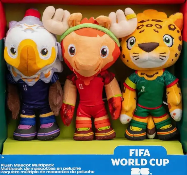 Ba mẫu mascot Clutch, Maple và Zayu của đại diện cho 3 nước đồng tổ chức World Cup 2026 - Mỹ, Canada, Mexico do Jazwares sản xuất.