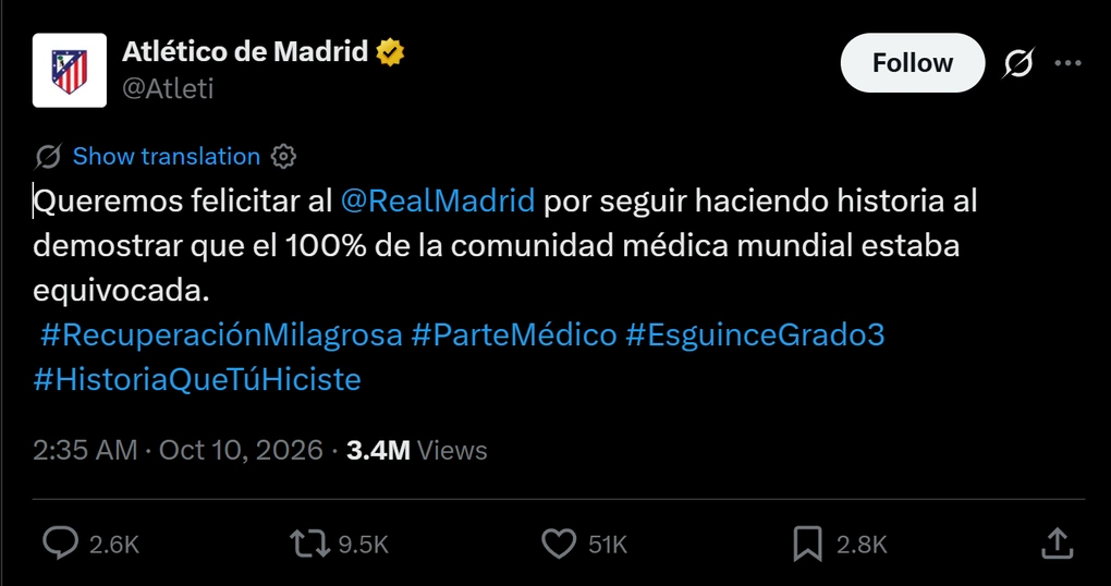 Bài đăng trên trang X của Atletico Madrid, mỉa mai Real Madrid, ngày 9/10/2026. Ảnh: X/Atletico Madrid
