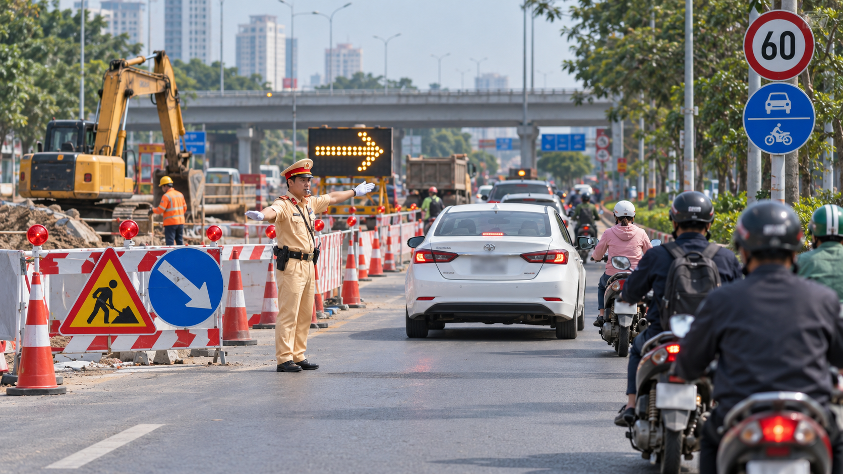Tại khu vực thi công, người lái vẫn phải ưu tiên hiệu lệnh của người điều khiển giao thông trước hệ thống biển báo