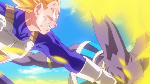 Vegeta từng đạt trạng thái Super Saiyan 3 trong Dragon Ball DAIMA, nhưng đối đầu Beerus bằng Super Saiyan 2 trong Battle of Gods - Ảnh: Toei