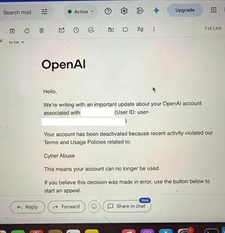 Email của OpenAI thông báo tài khoản bị vô hiệu hóa với lý do "Cyber Abuse"