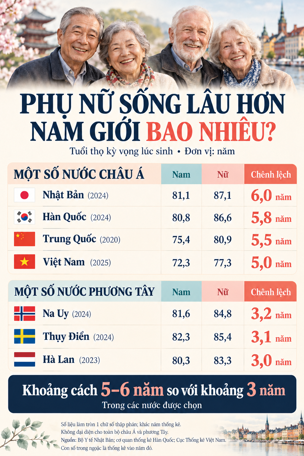 Chênh lệch tuổi thọ nam - nữ ở các nước - Đồ họa: HUY ĐĂNG