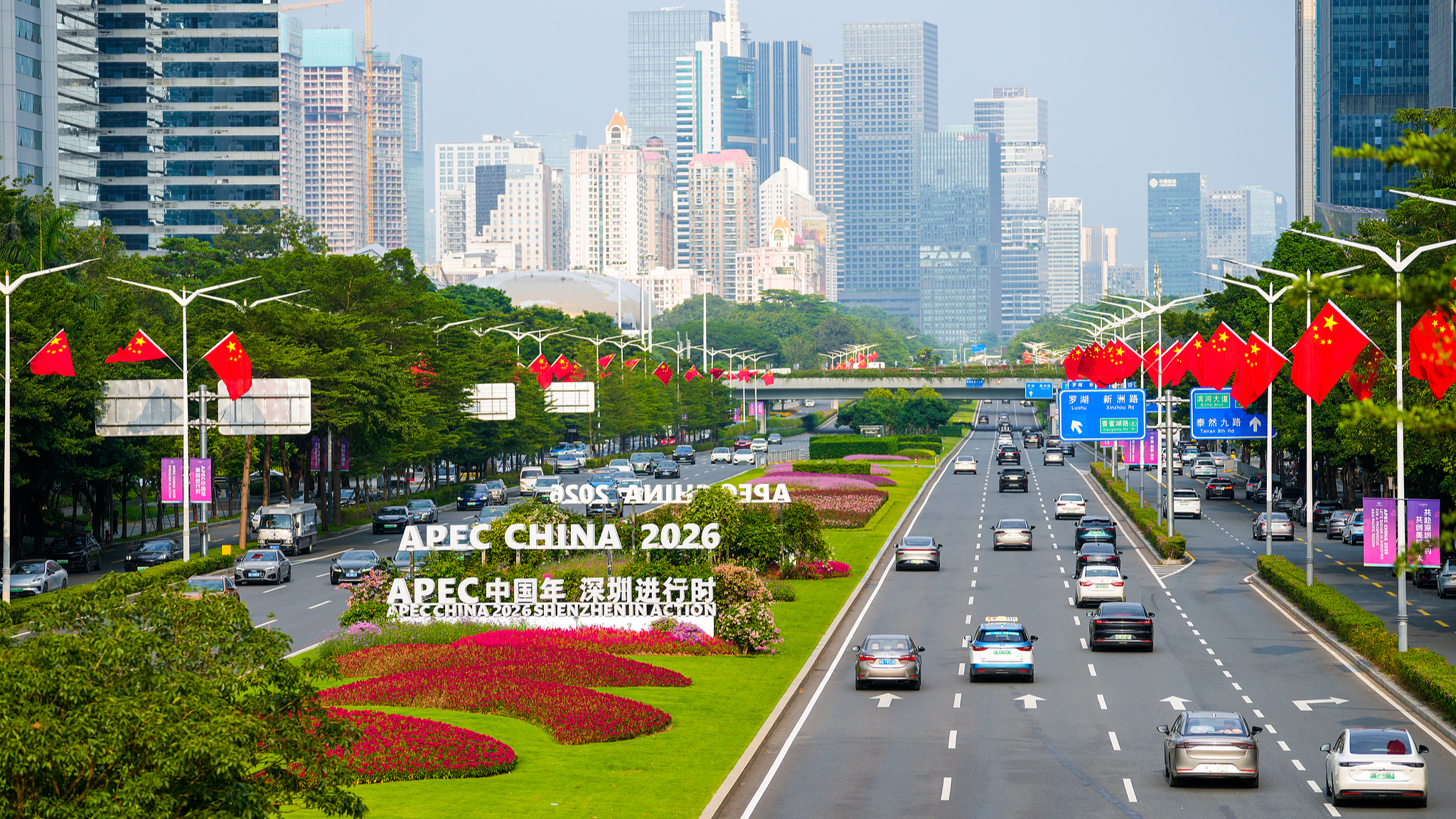 Đường phố Thâm Quyến, tỉnh Quảng Đông, Trung Quốc được trang hoàng với các biểu tượng APEC 2026 ngày 22-9 - Ảnh: VCG