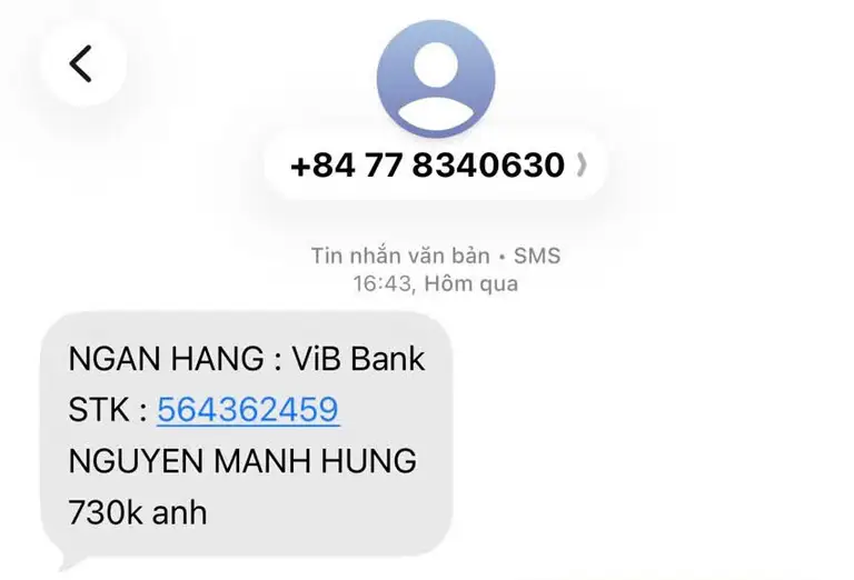 Tin nhắn của đối tượng giả danh shipper gửi khi điện thoại thông báo giao đơn hàng và yêu cầu thanh toán gấp. (Ảnh: Cổng Thông tin điện tử Công an tỉnh Quảng Trị)