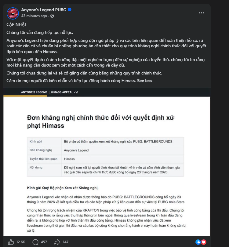 Anyone’s Legend công bố đơn kháng nghị án phạt và cho biết đang phối hợp đội ngũ pháp lý hoàn thiện hồ sơ