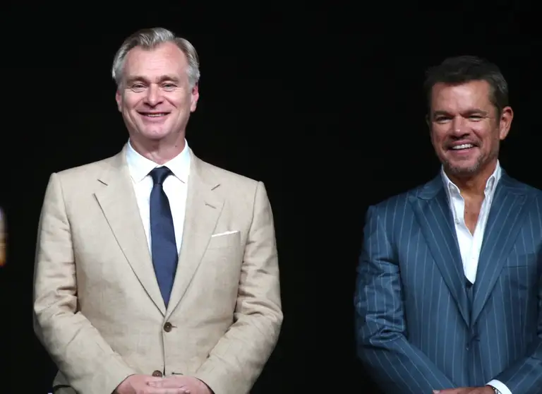 Christopher Nolan và Matt Damon ở buổi giao lưu quảng bá phim The Odyssey tại Bắc Kinh - Ảnh: BJD