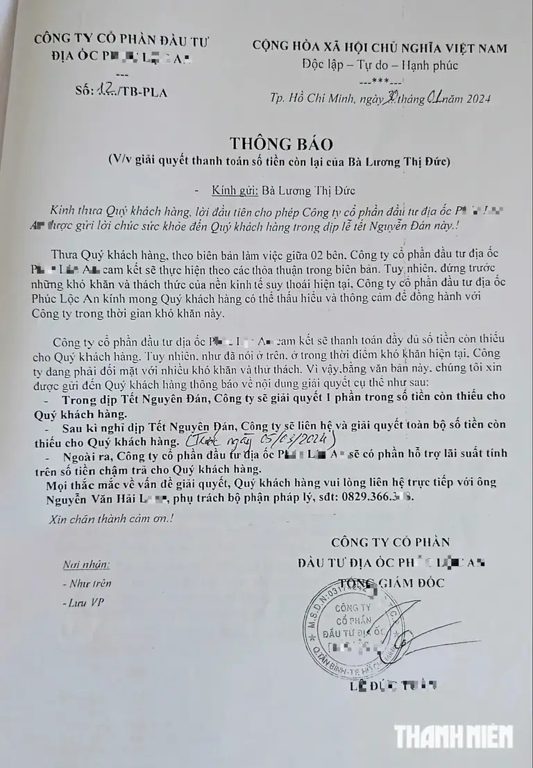 Thông báo của Công ty cổ phần đầu tư địa ốc P.L.A về việc xin gia hạn và giải quyết thanh toán số tiền còn lại của bà Đức nhưng đến nay bà vẫn chưa nhận được tiền