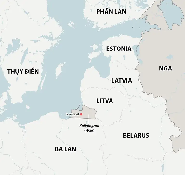Vị trí vùng lãnh thổ Kaliningrad của Nga. Đồ họa: Open Street Map