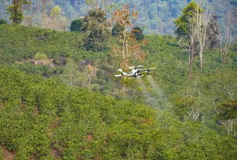 UAV do FPT và Trường Thịnh Drone thử nghiệm phun thuốc tại hồ Ảng Cang, bản Mánh Đanh, xã Mường Ảnh, tỉnh Điện Biên. Ảnh: TTXVN