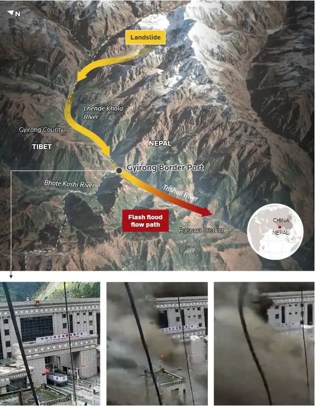 Lũ quét xảy ra ở khu vực biên giới giữa Nepal và Tây Tạng (Trung Quốc) hôm 26-8 - Đồ họa: REUTERS