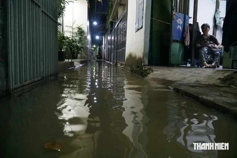 Triều cường gây ngập một số khu dân cư có địa hình thấp nằm ven sông Đồng Nai (ảnh chụp tối 14.9 tại khu vực Tân Mai, phường Tam Hiệp, thành phố Đồng Nai)