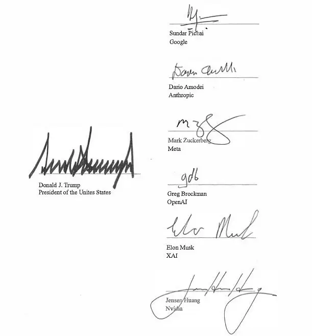 Hình ảnh chữ ký của Tổng thống Mỹ Donald Trump và các CEO công nghệ được đăng trên Truth Social. Ảnh: Truth Social