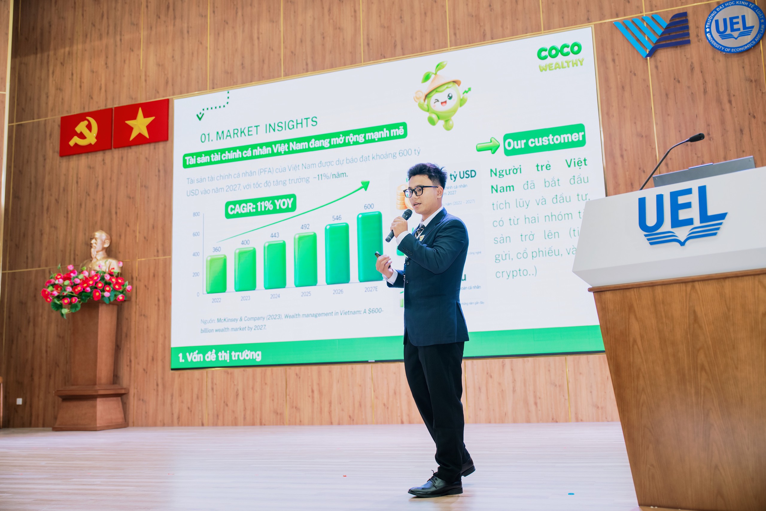 Đại diện nhóm sinh viên trình bày dự án CoCoWealthy - Ảnh: HẢI NAM