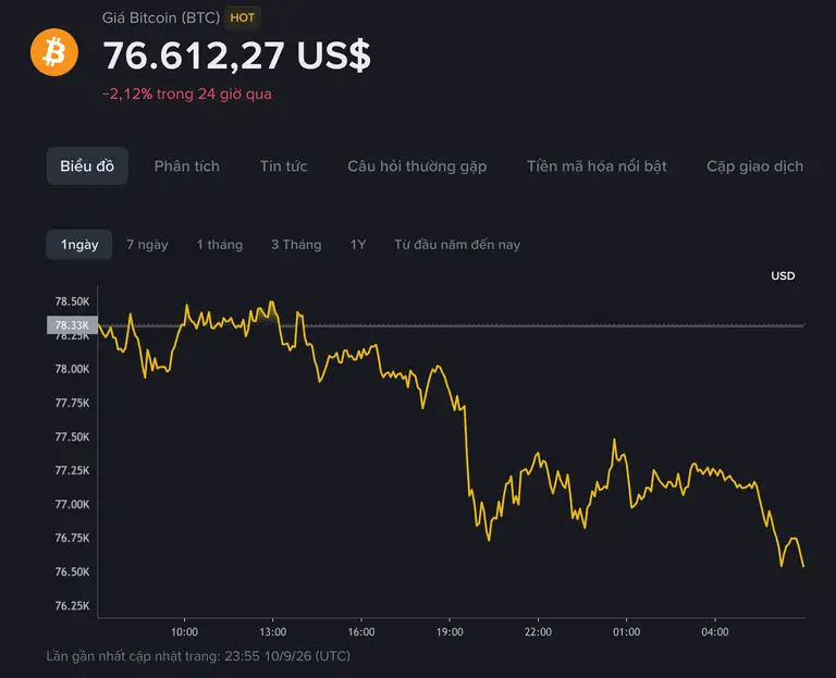 Diễn biến giá Bitcoin trong 24 giờ, tính đến 7 giờ ngày 11.9