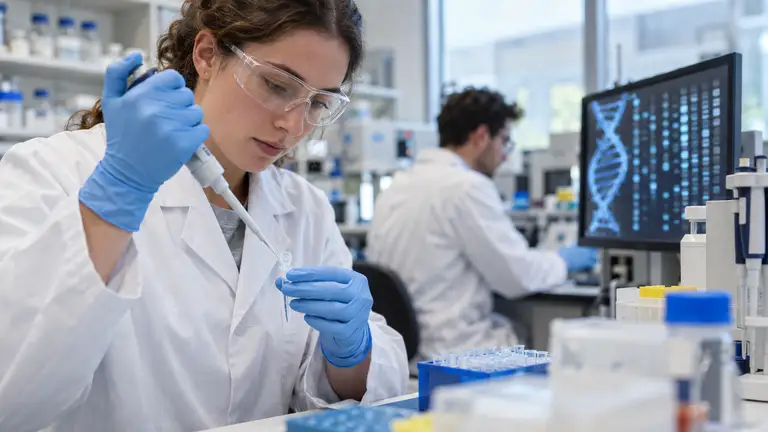Nhà nghiên cứu xử lý mẫu DNA trong phòng thí nghiệm, minh họa công nghệ máy tính phân tử