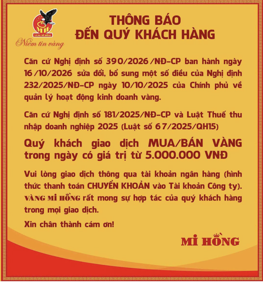 Thông báo của Mi Hồng ghi rõ hình thức thanh toán là "chuyển khoản" - Ảnh chụp màn hình